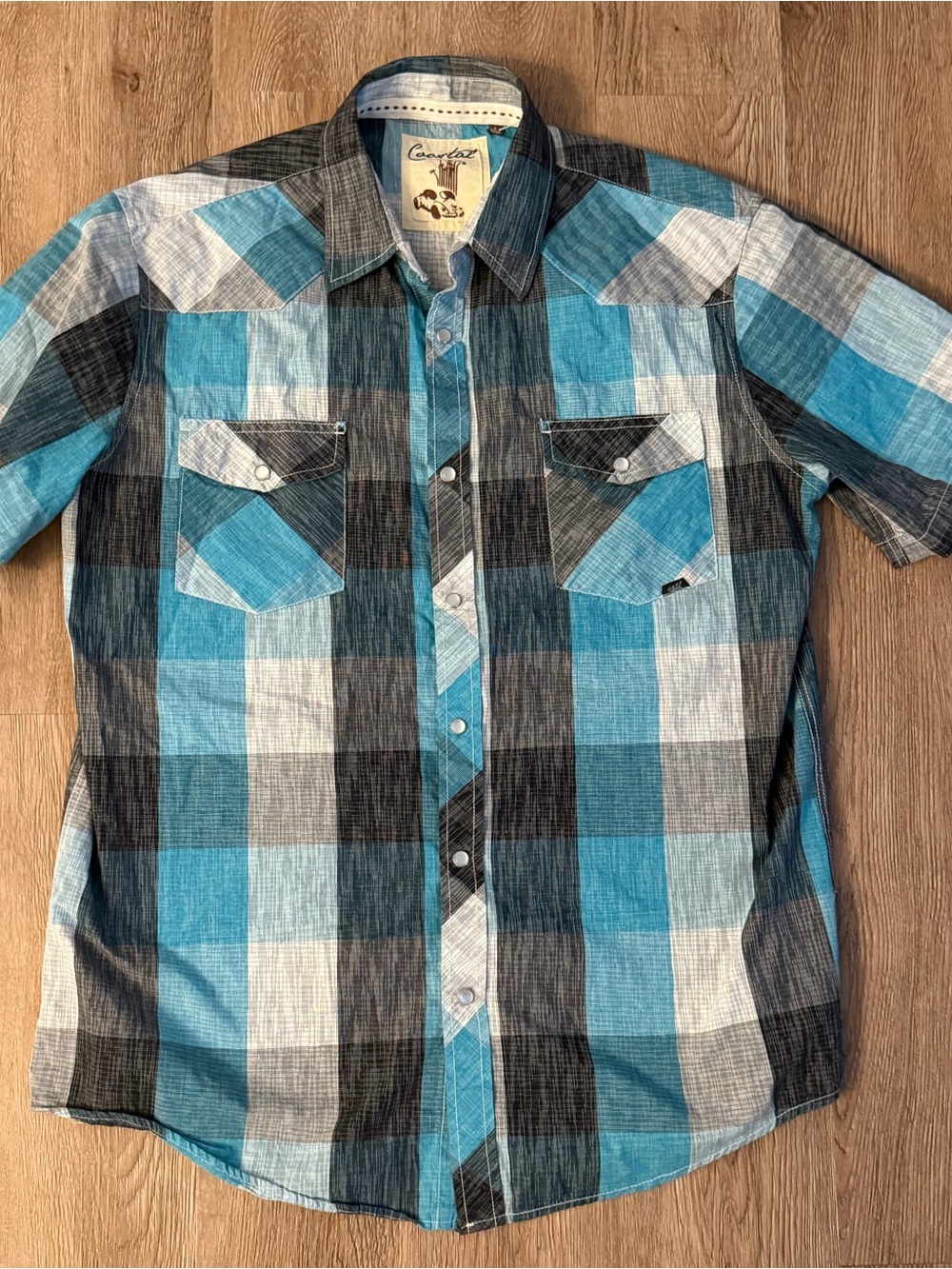 Coastal Mens Short Sleeve Button Shirt Turquoise Plaid Large